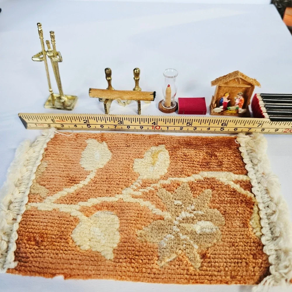 Vintage Dollhouse Christmas Accessories Nativity Fireplace Tools Rug Miniature